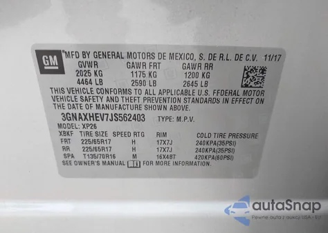 2018 Chevrolet Equinox Ls из США, поврежденный, VIN 3GNAXHEV7JS562403